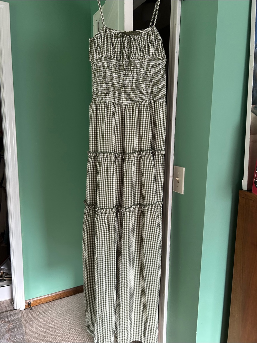 Smocked Gingham Tiered Maxi Dress - Green/White
